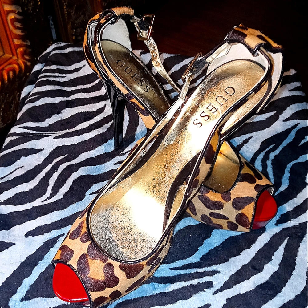 Guess red black & cheetah stiletto heels 8.5